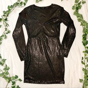 New Black Sparkle Long Sleeve V-Neck Party Dress
